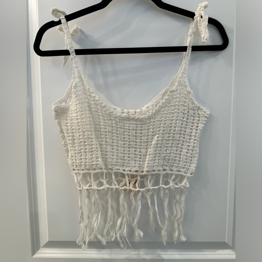 Raga Brand white crochet with fringe tank top